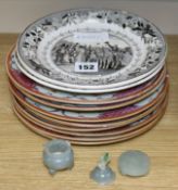 Eight Chinese plates, two black transfer printed plates and hardstone pot on stand