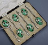 A 1930's cased set of six silver and enamel teaspoons, Turner & Simpson, Birmingham, 1932.