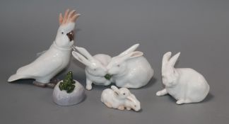 Three Royal Copenhagen rabbits, a B & G rabbit, a Royal Copenhagen frog and one Royal Copenhagen