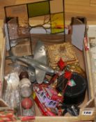 A quantity of mixed collectibles including a stained glass window, watches, a tin plate boat, etc.