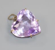 A heart shaped amethyst pendant, with wirework mount, 20mm.