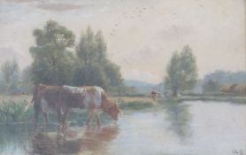 English School (19th/20th century), oil on board, landscape with cattle watering, signed initials '