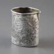 A WWI German aluminium souvenir mug, engraved ' Taken from A German on the Ypres Front 1917' and '