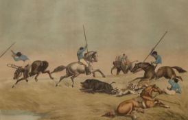 After Samuel Howitt, set of 5 coloured lithographs, Hog hunting scenes, overall 54 x 72cm