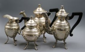 A continental 800 four piece tea and coffee set, on splayed legs, gross 83 oz.