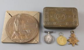 A WWI trio and death plaque to 8850 James Angell, 1st Wiltshire Regiment, together with a Queen Mary