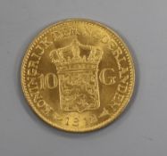 A Netherlands 1912 gold 10 guilder coin