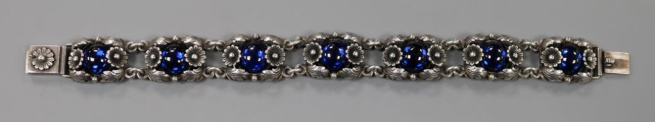 A Danish Nils Erik From sterling 925 and cabochon blue chalcedony? set bracelet, 19.5cm.