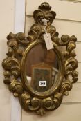 An oval gilt carved wood cartouche shaped wall mirror W.36cm