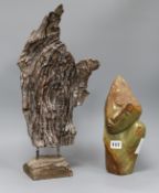 An African hardstone carving of a bust and a piece of mounted driftwood tallest 48.5cm