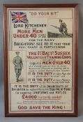 A WWI First Battalion Sussex Volunteer Training Corps (Brighton) enrolment poster framed and glazed
