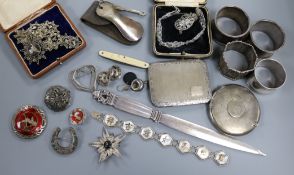 A collection of mixed silver and jewellery etc. including Dutch letter opener and napkin rings.