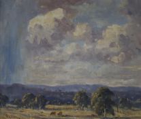 Australian School (20th century), oil on board, outback landscape with cattle grazing,