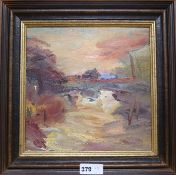 David Atkins, oil on board, Lake at sunset, Art Supermarket 1995 label verso, 29 x 29cm