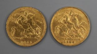 Two gold half sovereigns, both London 1899 (wear to edge, otherwise VF) and 1910 VF.