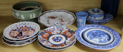 A collection of porcelain including Wedgwood jasperware, blue and white, Imari etc.