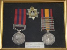 An India GSM (Burma 1889-92 clasp) and QSA medal with 6 clasps to 2127 Private F. Enticott,