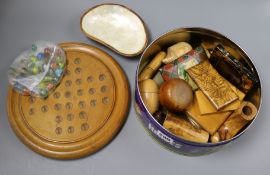 A Tunbridgeware card case, four others, a solitaire board and mixed treen