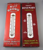 Two enamel tobacco advertising signs with thermometers; Nut Brown and Sweet Rosemary