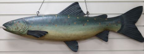 A fishmongers advertisement sign in the shape of a trout length 115cm approx.