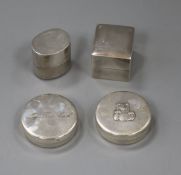 Two modern silver mounted ring boxes and two modern silver boxes including "My First Curl".