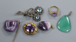 A 9ct gold and amethyst set ring, a Victorian yellow metal and amethyst brooch and mixed costume