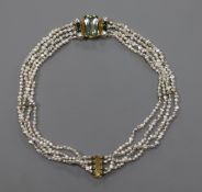 A quadruple strand baroque cultured pearl , aquamarine , tourmaline and diamond set choker necklace,