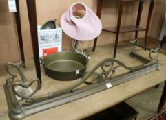 Metalware- preserve pan, fender, table lamp, kettle, chestnut roaster, trivet Fender W.133cm