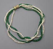 A modern quadruple strand emerald and cultured pearl bead choker necklace with 14ct gold clasp,