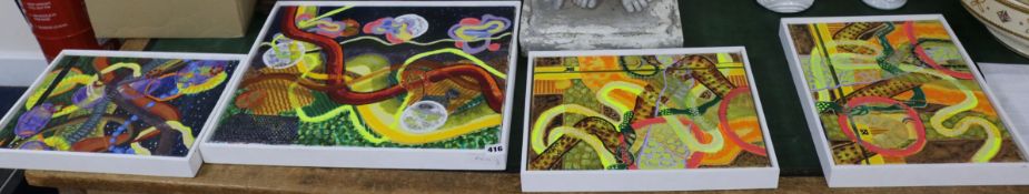 Four contemporary abstract oils on canvas, largest 38 x 46cm