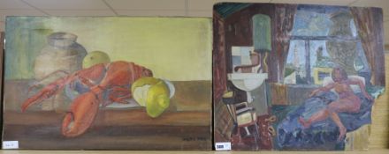 Modern British, oil on board, Nude in an attic room, 51 x 61cm and a Still life of a lobster by