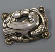 A Danish Georg Jensen sterling silver shaped rectangular stylised dove amid scrolls brooch, no. 209,