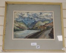Kathleen Laurie, watercolour, 'Blue storm over Snowdon from Lanberis Pass', signed, 28 x 37cm