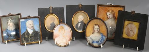 A group of eight 19th century portrait miniatures on ivory, the Raynesford family and other, largest