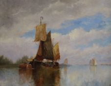 In the manner of Frederick James Aldridge (1850-1933), oil on canvas, Thames barge in an estuary