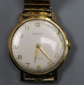 A gentleman's 9ct gold Fortex manual wind wrist watch, on flexible bracelet.