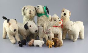 Seven dogs, donkey, five miniature Continental animals, tallest 11in.