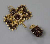 A continental pierced 18k yellow metal and gem set drop pendant, approx. 52mm.