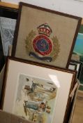 A group of assorted prints and a needlework Royal Engineers armorial