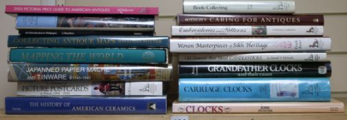 A quantity of reference books relating to clocks, candlesticks, embroideries, book collecting,