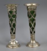 A pair of Edwardian Art Nouveau pierced silver posy vases with green glass liners, William Mammatt &