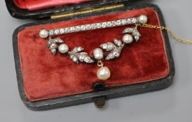 A boxed Victorian gold and silver, diamond and cultured? pearl set drop bar brooch, the bar set with
