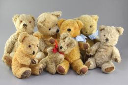 Seven bears, Chiltern 1960's, Farnell hair loss 1930's, three others, tallest 15in.