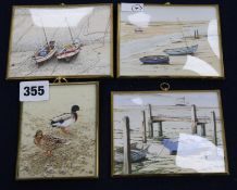 Alan Farrell, 4 watercolour miniatures, Fishing boats at low tide and Study of Mallards, signed