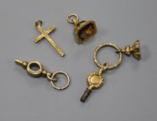 Two Victorian gem set fob seals, two watch keys and a 9ct gold cross pendant.