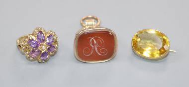 A Victorian style 9ct gold, amethyst and split pearl cluster ring, a 19th century carnelian set