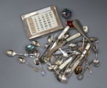 A silver mounted desk calendar, a 1920's silver, enamel and marcasite pill box and other items