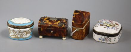 Two enamel pill boxes, a miniature tortoiseshell knife box and a pin box