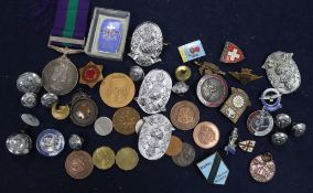 A collection of badges and medals including Fire Brigade and R.A.F.