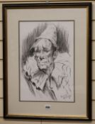 Franco Mattiana, charcoal, Portrait of a clown, signed, 40 x 28cm